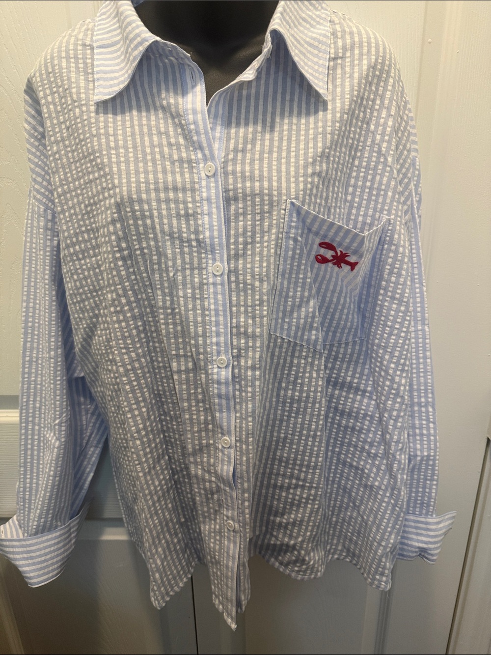 Men's Light Blue Striped Button-Down Shirt with Pocket Accent